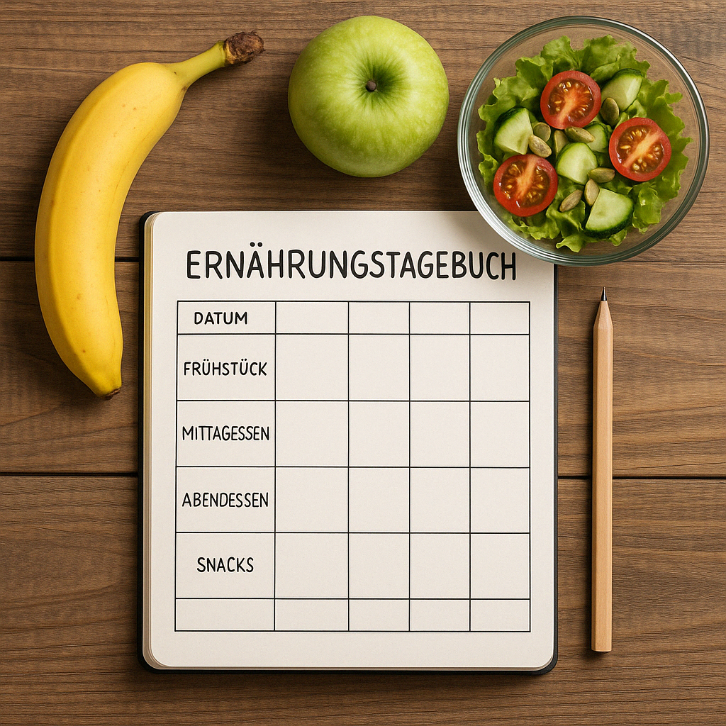 Ernährungstagebuch mit Obst und Salat